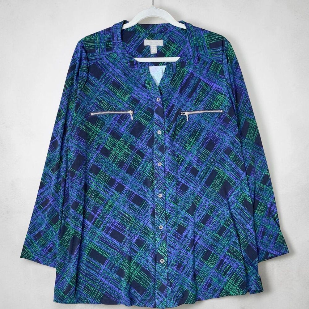 Susan Graver Liquid Knit Tunic Top 1X Blue Green Plaid Zippered Pockets EUC